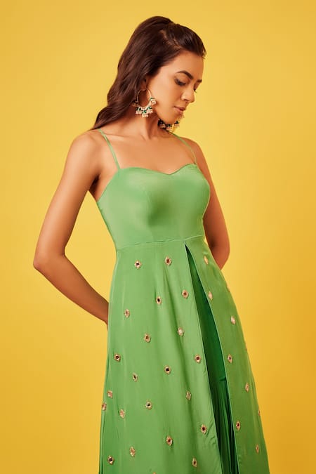 Buy_Harshita Singhvi_Green Crepe, Linen Cut Work, Mirrors Hand Embroidered Tunic And Sharara Set_Online_at_Aza_Fashions