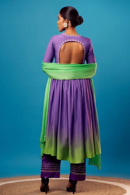 Shop Harshita Singhvi Purple Crepe, Chiffon Cut Work, Embroidery V-neck Anarkali Palazzo Set at Aza Fashions Shop_Harshita Singhvi_Purple Crepe, Chiffon Cut Work, Embroidery V-neck Anarkali Palazzo Set _at_Aza_Fashions
