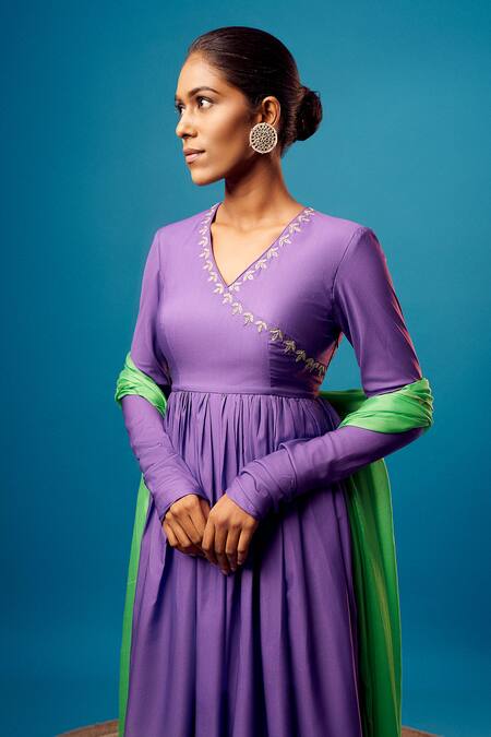Buy Harshita Singhvi Purple Crepe, Chiffon Cut Work, Embroidery V-neck Anarkali Palazzo Set Online at Aza Fashions Buy_Harshita Singhvi_Purple Crepe, Chiffon Cut Work, Embroidery V-neck Anarkali Palazzo Set _Online_at_Aza_Fashions