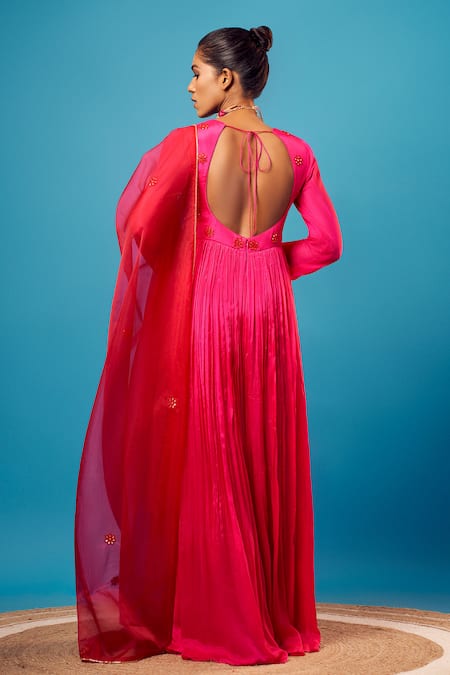 Shop Harshita Singhvi Fuchsia Crepe, Organza Embroidery, Mirrors, Cut Work Yoke Anarkali With Dupatta at Aza Fashions Shop_Harshita Singhvi_Fuchsia Crepe, Organza Embroidery, Mirrors, Cut Work Yoke Anarkali With Dupatta_at_Aza_Fashions