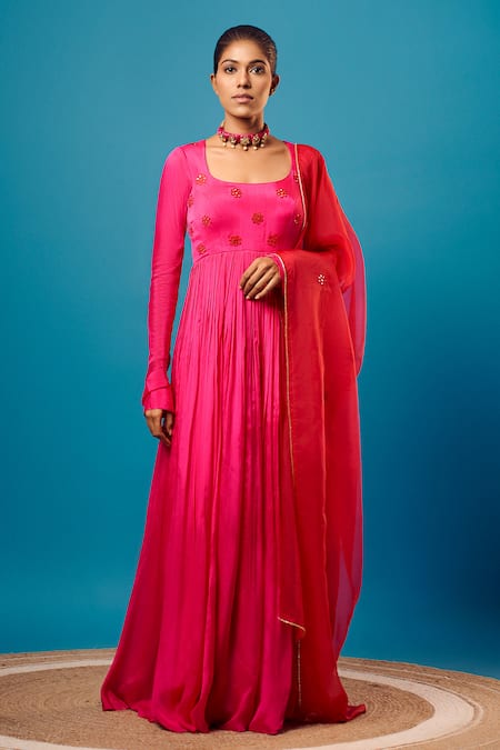 Harshita Singhvi Fuchsia Crepe, Organza Embroidery, Mirrors, Cut Work Yoke Anarkali With Dupatta Online at Aza Fashions Harshita Singhvi_Fuchsia Crepe, Organza Embroidery, Mirrors, Cut Work Yoke Anarkali With Dupatta_Online_at_Aza_Fashions