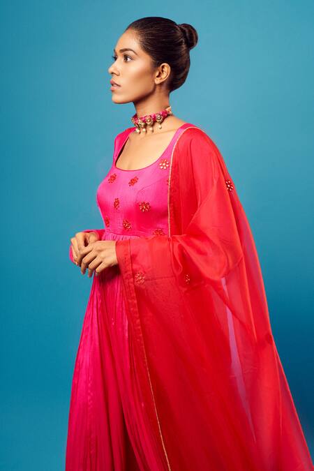 Buy Harshita Singhvi Fuchsia Crepe, Organza Embroidery, Mirrors, Cut Work Yoke Anarkali With Dupatta Online at Aza Fashions Buy_Harshita Singhvi_Fuchsia Crepe, Organza Embroidery, Mirrors, Cut Work Yoke Anarkali With Dupatta_Online_at_Aza_Fashions