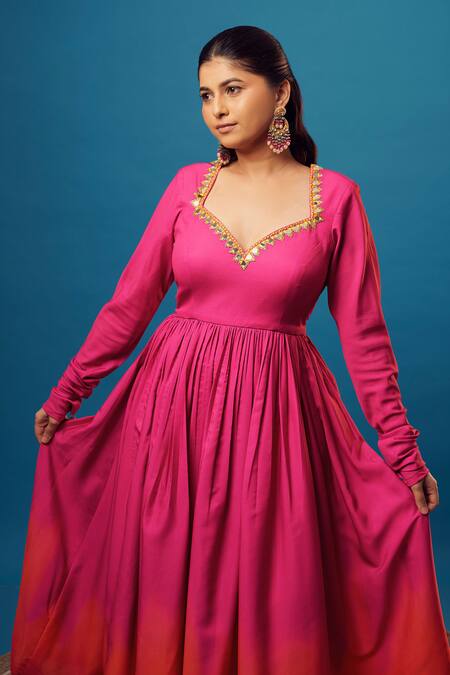 Shop_Harshita Singhvi_Pink Silk, Crepe, Chiffon Cut Work, Embroidery Mirror Anarkali Palazzo Set _Online_at_Aza_Fashions