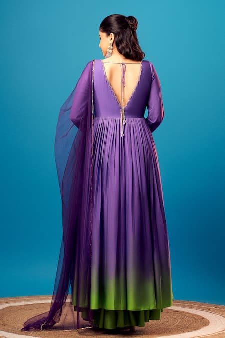 Shop Harshita Singhvi Purple Net, Crepe Cut Work V-neck Cutdana Embroidered Anarkali Palazzo Set at Aza Fashions Shop_Harshita Singhvi_Purple Net, Crepe Cut Work V-neck Cutdana Embroidered Anarkali Palazzo Set _at_Aza_Fashions