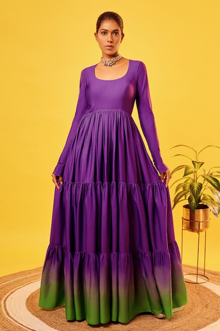 Harshita Singhvi_Purple Net, Cotton Cut Work Round Neck Anarkali With Dupatta _Online_at_Aza_Fashions