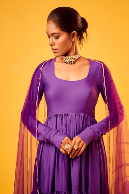 Buy Harshita Singhvi Purple Net, Cotton Cut Work Round Neck Anarkali With Dupatta Online at Aza Fashions Buy_Harshita Singhvi_Purple Net, Cotton Cut Work Round Neck Anarkali With Dupatta _Online_at_Aza_Fashions