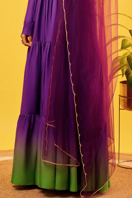 Shop Harshita Singhvi Purple Net, Cotton Cut Work Round Neck Anarkali With Dupatta Online at Aza Fashions Shop_Harshita Singhvi_Purple Net, Cotton Cut Work Round Neck Anarkali With Dupatta _Online_at_Aza_Fashions