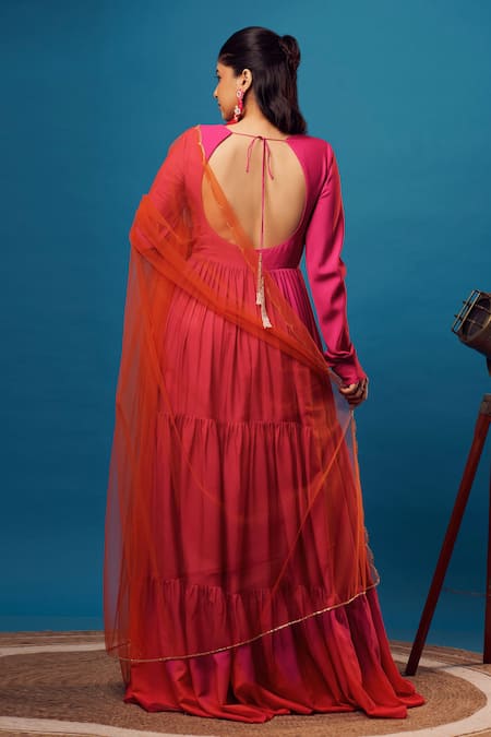 Shop_Harshita Singhvi_Pink Net, Crepe Cut Work Round Neck Solid Anarkali With Dupatta _at_Aza_Fashions