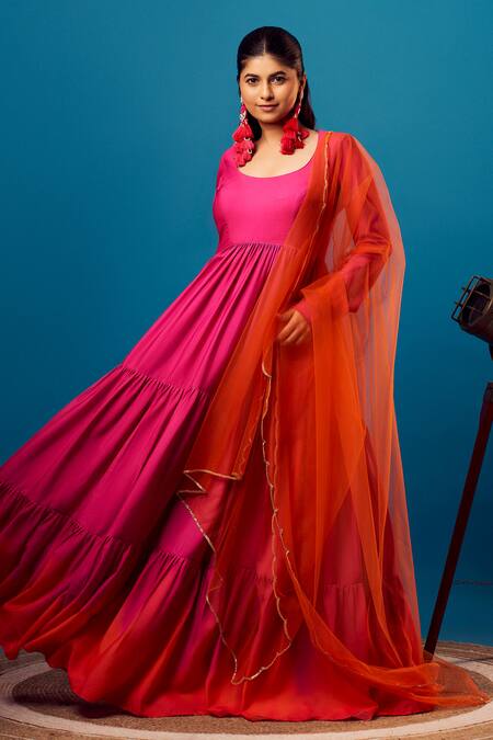 Harshita Singhvi Pink Net, Crepe Cut Work Round Neck Solid Anarkali With Dupatta Online at Aza Fashions Harshita Singhvi_Pink Net, Crepe Cut Work Round Neck Solid Anarkali With Dupatta _Online_at_Aza_Fashions