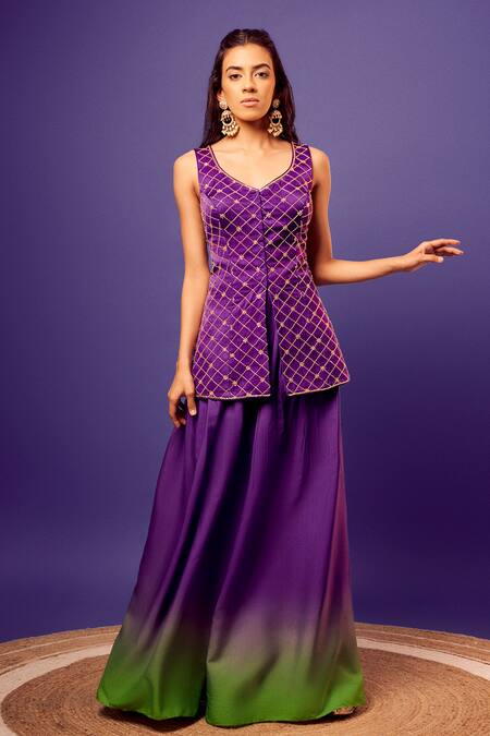 Harshita Singhvi_Purple , Crepe, Cotton Satin, Hand Embroidered Kurta Palazzo Set_Online_at_Aza_Fashions