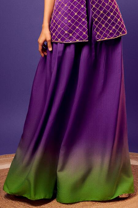 Buy_Harshita Singhvi_Purple , Crepe, Cotton Satin, Hand Embroidered Kurta Palazzo Set_Online_at_Aza_Fashions