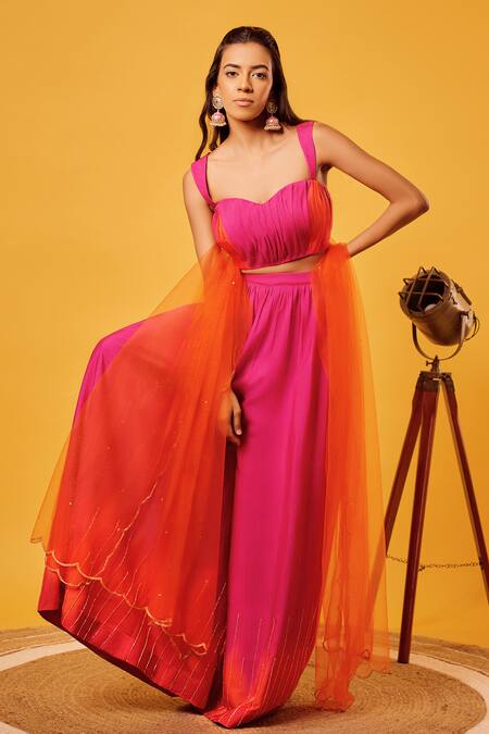 Harshita Singhvi_Pink Crepe, Net Cut Work Sweetheart Neck Solid Blouse Palazzo Set_Online_at_Aza_Fashions