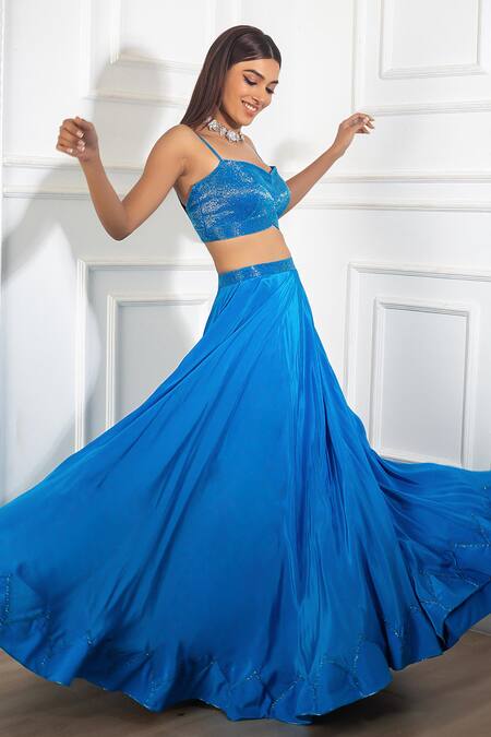 Buy Harshita Singhvi Blue Crepe, Net Sequins, Cut Work Sweetheart Hand Embroidered Blouse Lehenga Set Online at Aza Fashions Buy_Harshita Singhvi_Blue Crepe, Net Sequins, Cut Work Sweetheart Hand Embroidered Blouse Lehenga Set_Online_at_Aza_Fashions