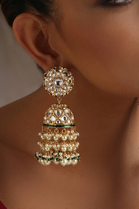 Swabhimann_Gold Plated Polki Embellished Jhumkas _Online_at_Aza_Fashions
