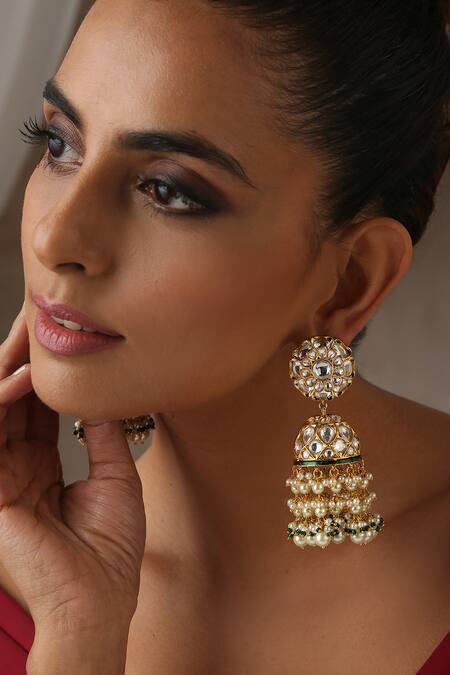 Buy_Swabhimann_Gold Plated Polki Embellished Jhumkas _Online_at_Aza_Fashions