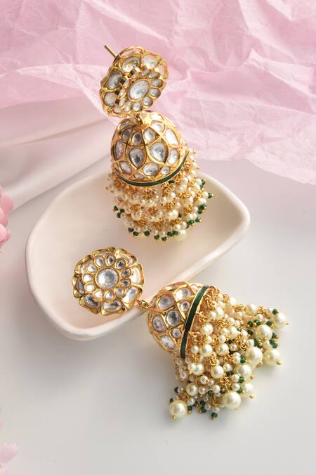 Shop_Swabhimann_Gold Plated Polki Embellished Jhumkas _Online_at_Aza_Fashions