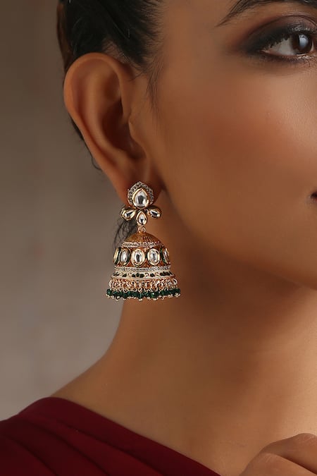Swabhimann_Green Moissanite Polki Embellished Jhumkas _Online_at_Aza_Fashions
