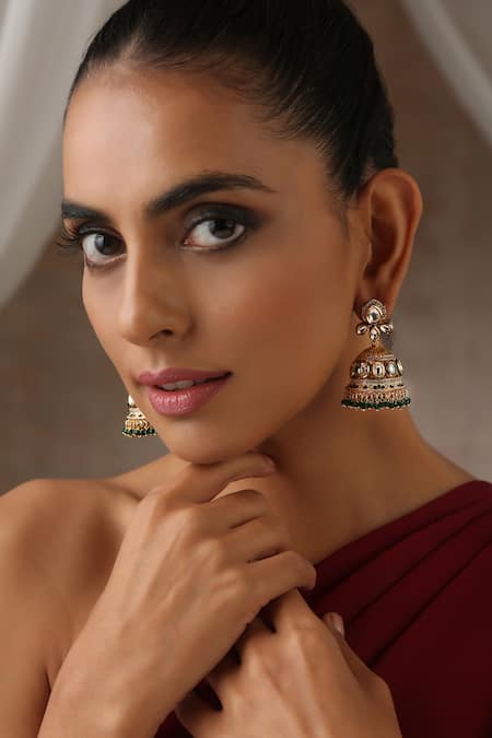 Buy_Swabhimann_Green Moissanite Polki Embellished Jhumkas _Online_at_Aza_Fashions
