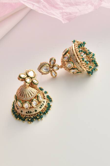 Shop_Swabhimann_Green Moissanite Polki Embellished Jhumkas _Online_at_Aza_Fashions