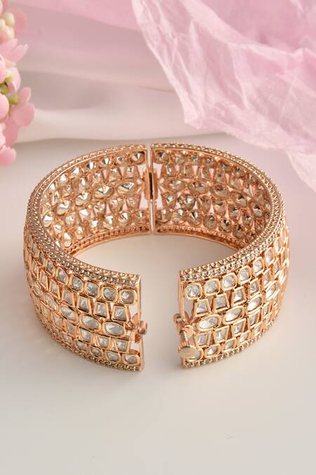 Shop_Swabhimann_Rose Gold Imitation Diamonds Moissanite Polki Embellished Kada _Online_at_Aza_Fashions