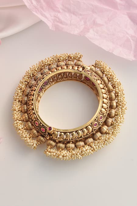 Shop_Swabhimann_Gold Plated Pearls Embellished Temple Work Kada _at_Aza_Fashions
