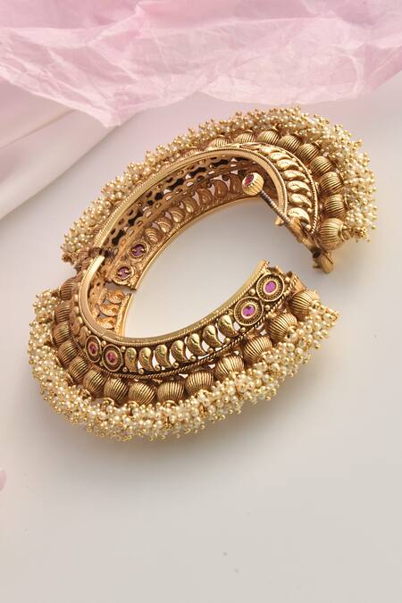 Shop_Swabhimann_Gold Plated Pearls Embellished Temple Work Kada _Online_at_Aza_Fashions