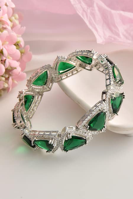 Shop_Swabhimann_Emerald Green Zari Zirconia Embellished Bangle _at_Aza_Fashions