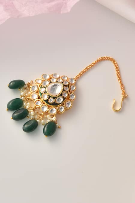 Shop_Swabhimann_Green Tear Drop Shaped Maangtikka _at_Aza_Fashions