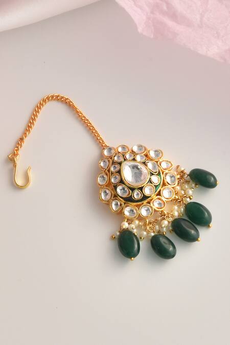 Buy_Swabhimann_Green Tear Drop Shaped Maangtikka _Online_at_Aza_Fashions