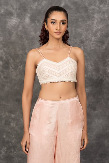 Neither Nor Pink 100% Rayon Embroidered Thread V Neck Work Crop Top 