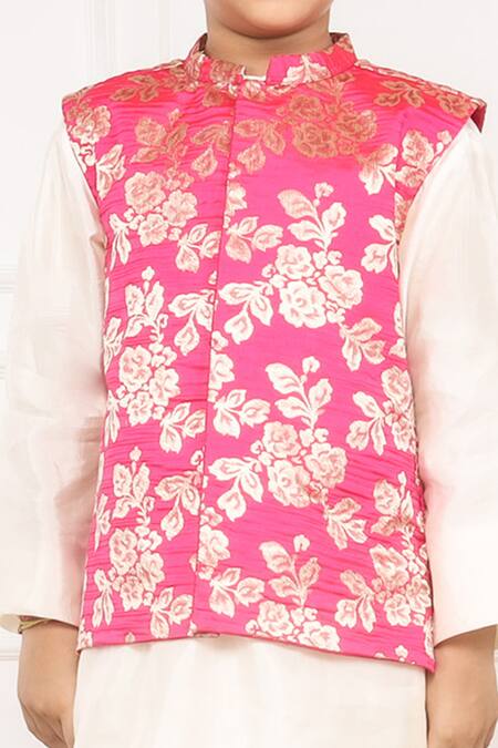 Buy_Pinkcow designs pvt ltd_Pink Brocade, Taffeta Embroidery Floral Pattern Bundi Kurta Set 