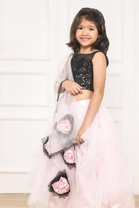 Pinkcow designs pvt ltd_Pink Tulle, Satin, Cotton Sequins, Lace Flared Draped Lehenga Set _Online_at_Aza_Fashions