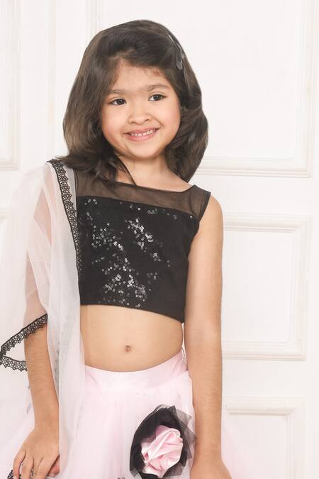 Shop_Pinkcow designs pvt ltd_Pink Tulle, Satin, Cotton Sequins, Lace Flared Draped Lehenga Set _Online_at_Aza_Fashions