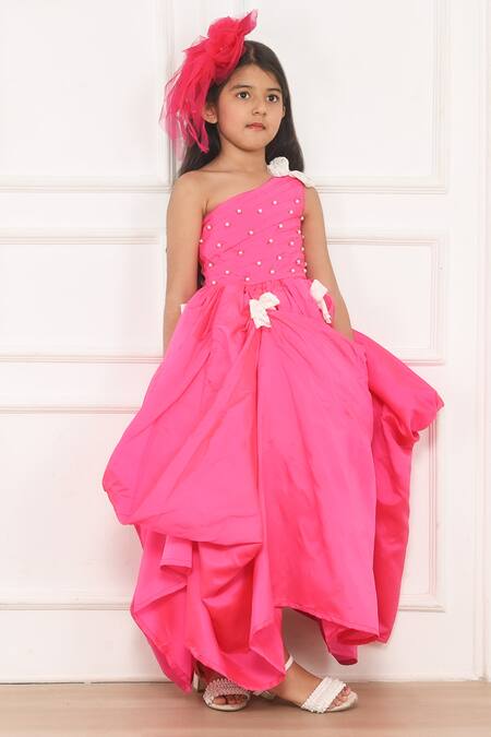 Pinkcow designs pvt ltd_Pink Cotton, Lace, Taffeta Pearls Tiny Tots Embellished Gown _Online_at_Aza_Fashions