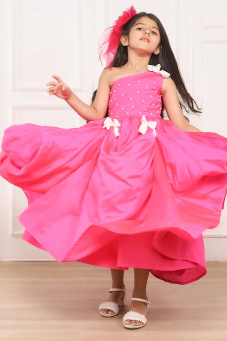 Buy_Pinkcow designs pvt ltd_Pink Cotton, Lace, Taffeta Pearls Tiny Tots Embellished Gown 