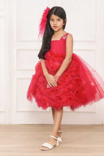 Pinkcow designs pvt ltd Pink Tulle, Cotton Pearls, Crystals Tiny Tots And Embellished Pleated Dress Online at Aza Fashions Pinkcow designs pvt ltd_Pink Tulle, Cotton Pearls, Crystals Tiny Tots And Embellished Pleated Dress _Online_at_Aza_Fashions