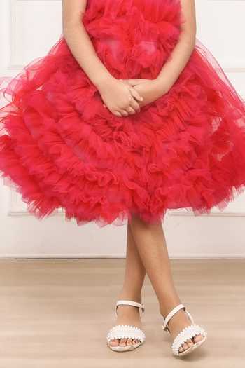 Shop Pinkcow designs pvt ltd Pink Tulle, Cotton Pearls, Crystals Tiny Tots And Embellished Pleated Dress Online at Aza Fashions Shop_Pinkcow designs pvt ltd_Pink Tulle, Cotton Pearls, Crystals Tiny Tots And Embellished Pleated Dress _Online_at_Aza_Fashions