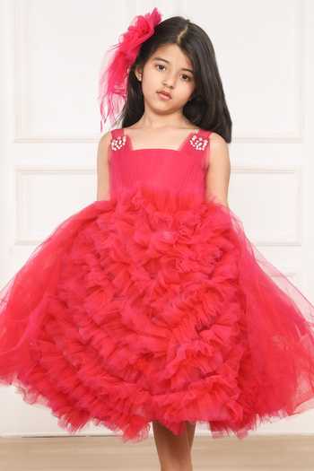 Pinkcow designs pvt ltd Pink Tulle, Cotton Pearls, Crystals Tiny Tots And Embellished Pleated Dress at Aza Fashions Pinkcow designs pvt ltd_Pink Tulle, Cotton Pearls, Crystals Tiny Tots And Embellished Pleated Dress _at_Aza_Fashions