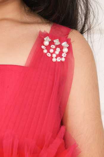 Buy Pinkcow designs pvt ltd Pink Tulle, Cotton Pearls, Crystals Tiny Tots And Embellished Pleated Dress Buy_Pinkcow designs pvt ltd_Pink Tulle, Cotton Pearls, Crystals Tiny Tots And Embellished Pleated Dress