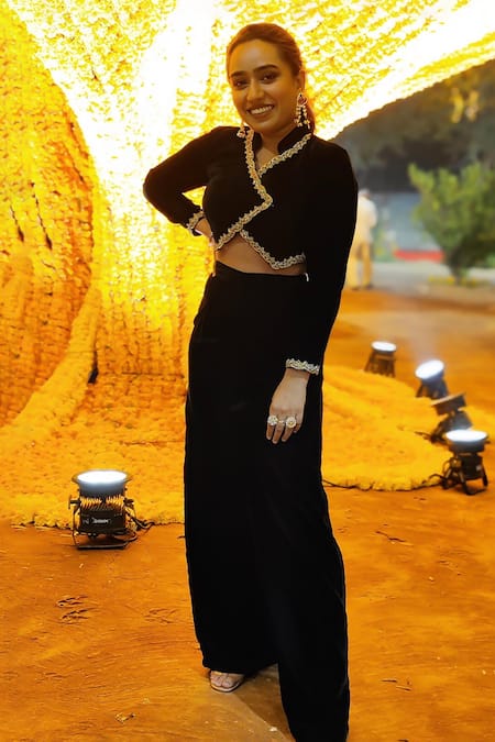 Vana Ethnics Overlapped Panel Embroidered Velvet Crop Top With Bootcut Pant 