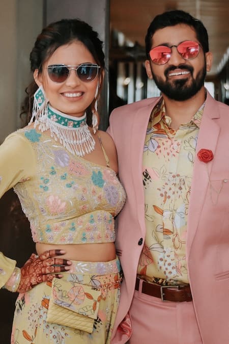 Vana Ethnics Yellow Viscose Embroidery One Shoulder Tropical Print Crop Top With Palazzo Online at Aza Fashions Vana Ethnics_Yellow Viscose Embroidery One Shoulder Tropical Print Crop Top With Palazzo _Online_at_Aza_Fashions