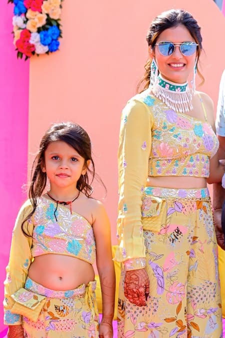 Buy Vana Ethnics Yellow Viscose Embroidery One Shoulder Tropical Print Crop Top With Palazzo Online at Aza Fashions Buy_Vana Ethnics_Yellow Viscose Embroidery One Shoulder Tropical Print Crop Top With Palazzo _Online_at_Aza_Fashions