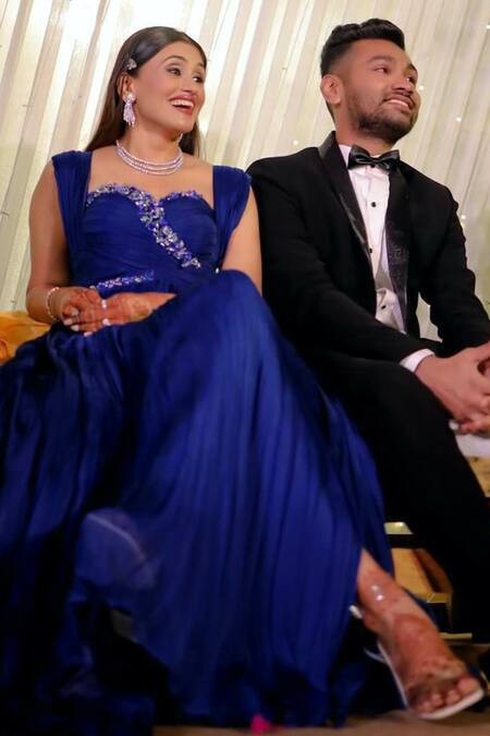 Vana Ethnics_Blue Viscose, Linen Stones, Cut Accordion Pleated Embellished Yoke Slit Gown _Online_at_Aza_Fashions