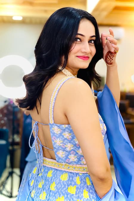 Vana Ethnics_Grey Viscose Sequins, Kamal Talai Print Embellished Gown With Ruffle Dupatta _Online_at_Aza_Fashions