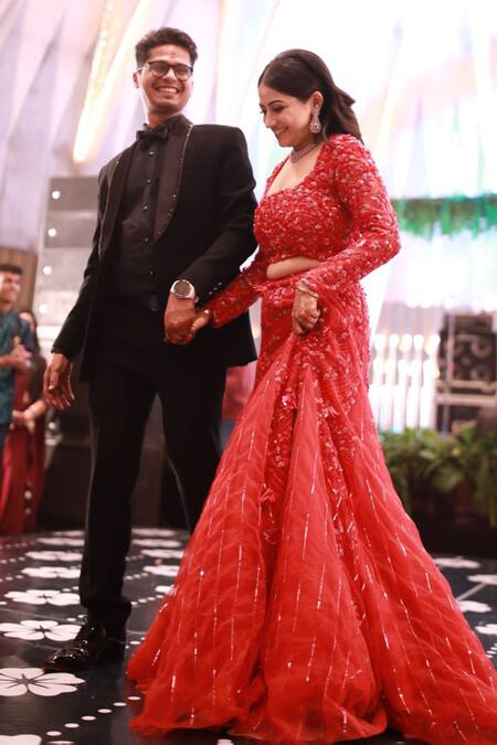 Shop_Vana Ethnics_Red Viscose, Linen, Net Rafflesia Garden Embroidered Bridal Lehenga Set _Online_at_Aza_Fashions