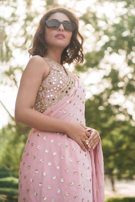 Buy_Vana Ethnics_Pink Viscose, Linen Sequins, Sheesha Bloom Saree With Embroidered Blouse _Online_at_Aza_Fashions