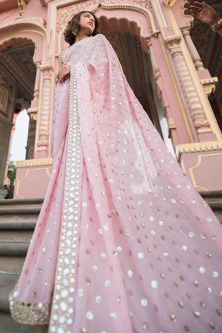 Shop_Vana Ethnics_Pink Viscose, Linen Sequins, Sheesha Bloom Saree With Embroidered Blouse _Online_at_Aza_Fashions