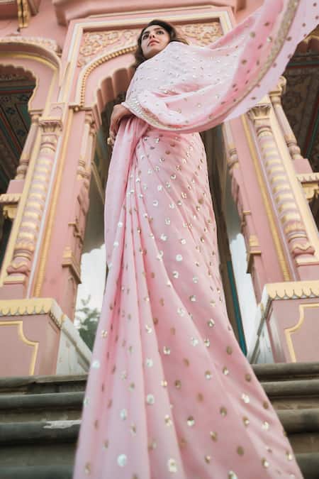 Vana Ethnics_Pink Viscose, Linen Sequins, Sheesha Bloom Saree With Embroidered Blouse _at_Aza_Fashions