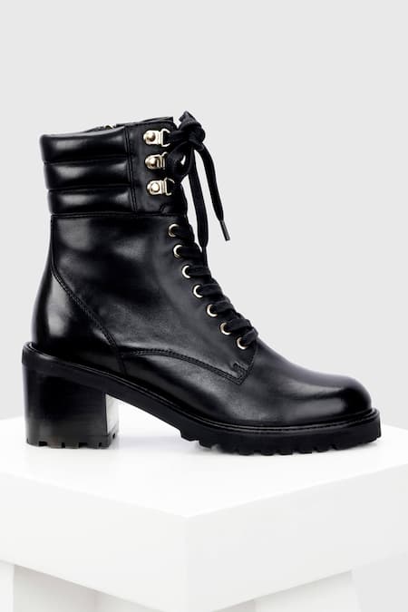 Oroh_Black Cordon Leather Biker Boots _Online_at_Aza_Fashions