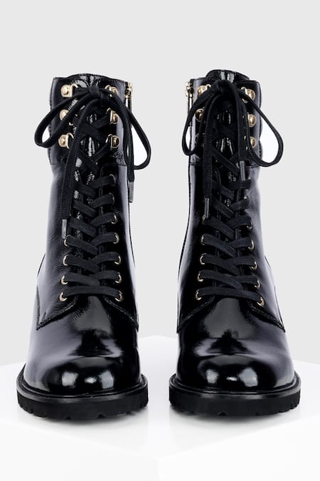 Shop_Oroh_Black Cordon Textured Leather Biker Boots _at_Aza_Fashions